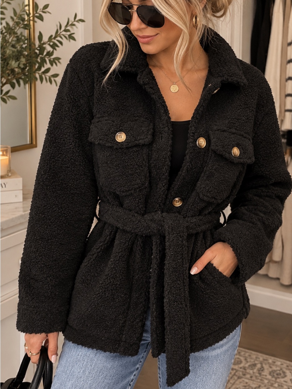 En Saison Black Teddy Sherpa Belted Jacket with Button Flap Pockets